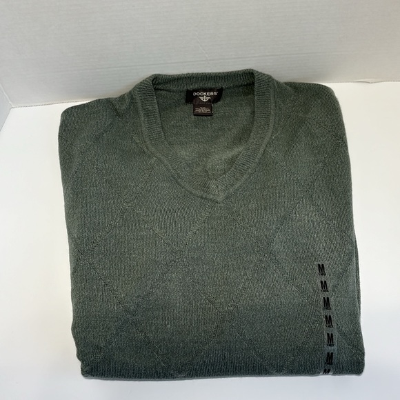 Dockers V-Neck Argyle Sweater Mens Size M Green Pullover Ribbed Geometric NWOT - Picture 3 of 9